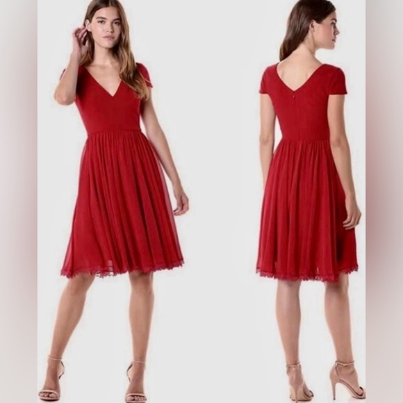 Dress the Population Corey Chiffon Fit & Flare Cocktail Dress in red Sz M - Picture 1 of 10